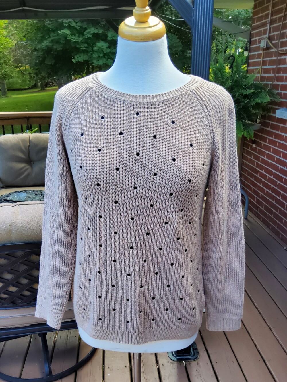 Elle Crewneck Sweater in Light Taupe with Black Swiss Dot Detail - 100% Cotton